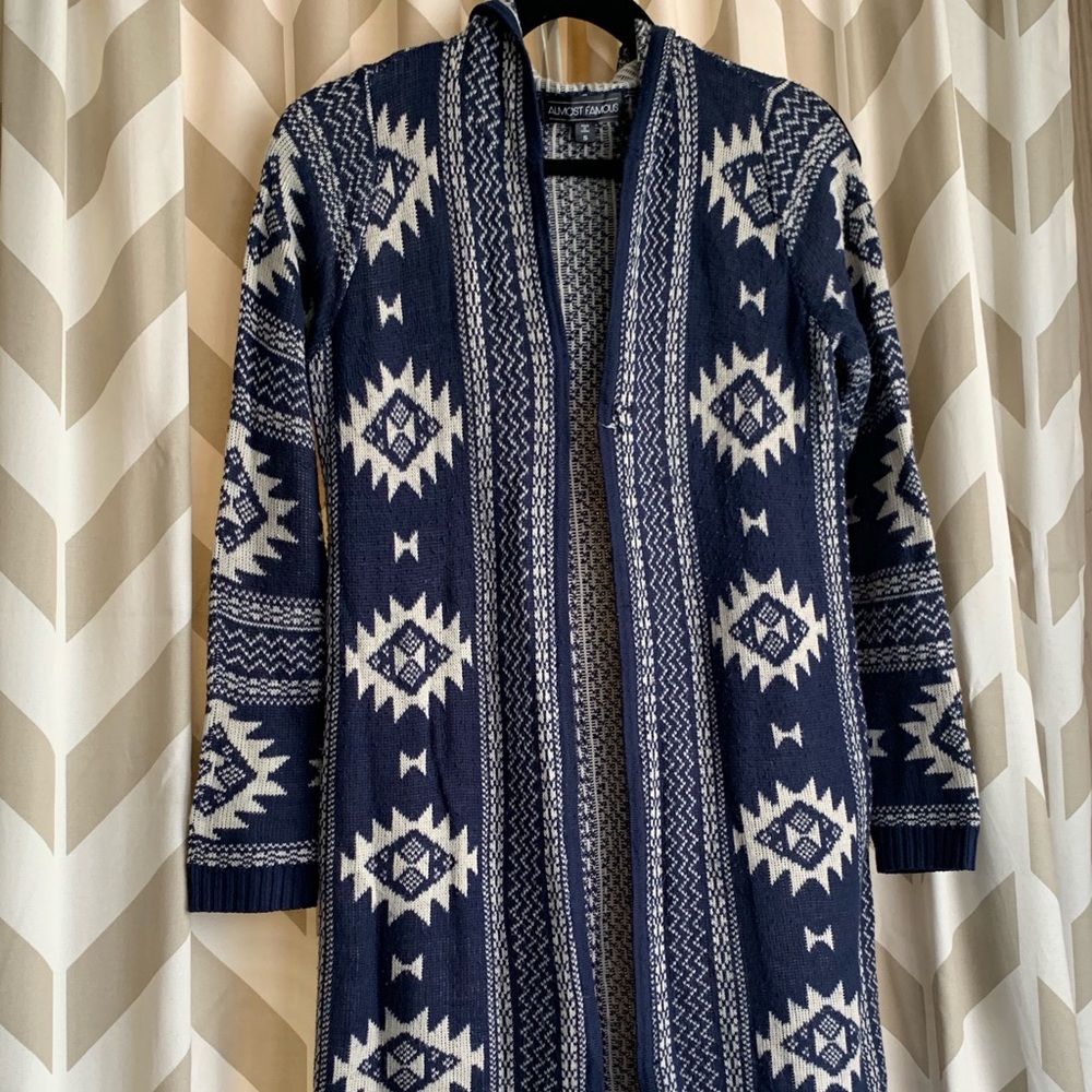 💕Navy/beige long hooded tribal pattern cardigan💕